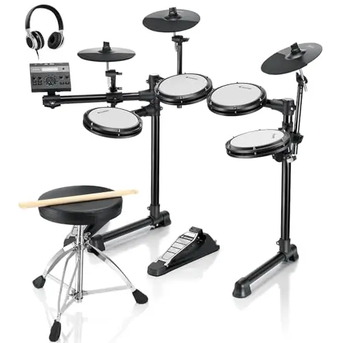 Batería Electrónica, Donner DED-200LITE Kit de Batería Eléctrica para Principiantes con más de 450 Sonidos, USB MIDI Parches de Malla Silenciosos Banqueta Auriculares Baquetas 40 Lecciones de Melodics