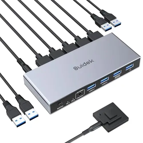 SUIDEK Displayport KVM Switch 1 Monitor 2 Ordenadores, 8K@60Hz DP DP KVM Switch 2 en 1 Salida USB 3.0 KVM Switcher con 4 Puertos USB, Incluye Desktop Controller, 2 Cables USB y Adaptador de Corriente