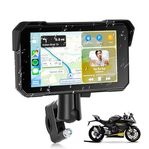 Rimoody Carpuride Estéreo para Moto, Carplay inalámbrico portátil y Android Auto Radio Coche para Motocicleta, 5" Pantalla Táctil, IP68 Impermeable Bluetooth Detección de Presión de Neumáticos 12 V