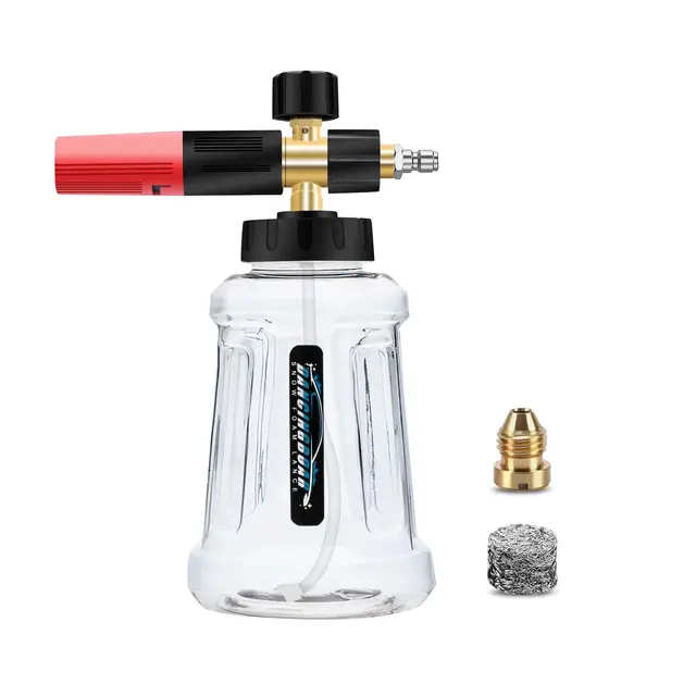 Lanza de Espuma de Nieve Compatible con Pistola Hidrolimpiadora de 1/4 de Conexión Rápida, Dispensador de Jabón Ajustable de 1L con Boquilla Pulverizadora de Nueva Generación (Negro y Rojo)