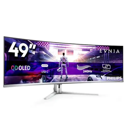 PHILIPS Evnia 49M2C8900 - Monitor Gaming Curvo OLED DQHD de 49 pulgadas, 240 Hercios, 0,03ms GtG, HDR400, Ambiglow (5120x1440, HDMI 2.1, DisplayPort 1.4, USB-C, Hub USB) blanco