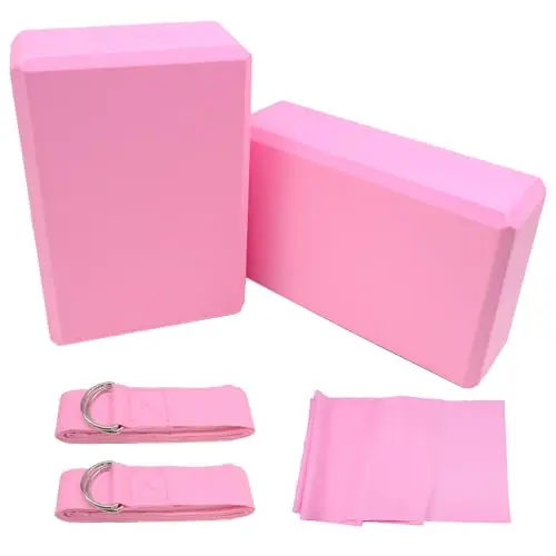 Juego de 2 bloques de yoga con correa, bloques ligeros de espuma EVA para yoga, pilates, ladrillos antideslizantes para estiramiento, meditación y posturas flexibles profundas (rosa)