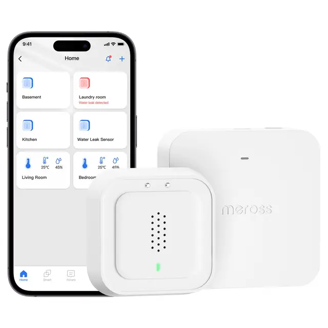 Meross Detector de Agua Inteligente | HUB Incluida | Detector de Fugas de Agua IP66 y 100 dB | Smart Detector de Agua para cocinas, baños, sótanos | Compatible con Apple Home, Alexa y Google