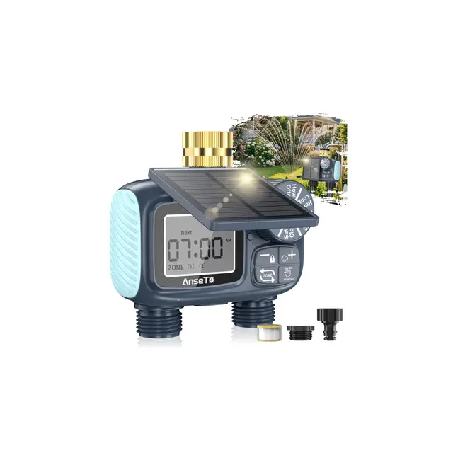 Programador de Riego Solar con 2 Salidas,Sistema de Riego Inteligente Ajustable con Carga Solar y Tipo C,Ecológico y de Bajo Consumo para Jardín,Césped y Huerto