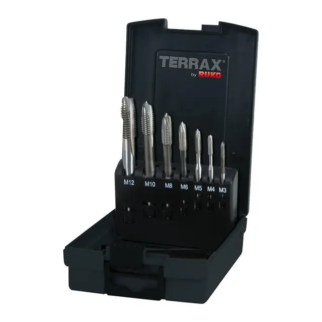 Juego de Machos de Roscar a Máquina HSS-Co TERRAX by RUKO M3–M12 – 7 Piezas – DIN 371/376 – Roscado Profesional en Metal