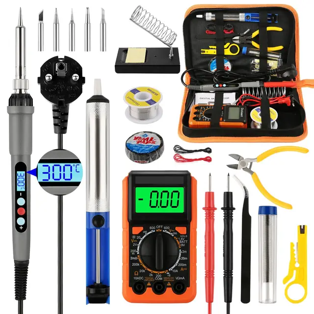 Soldador estaño, soldador,kit de Soldador 60W,temperatura ajustable 180-500℃,19 in 1 soldador estaño profesional, con multímetro digital,5 puntas de soldador, soporte para soldador, pinzas ect.