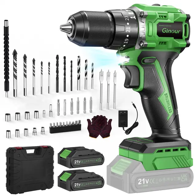 Ginour Taladro Percutor a Bateria sin escobillas, 50Nm, 21V Atornillador con 2x2Ah Baterías compatible con Makita 18V, 47 Accesorios, 23+3 Par, 2 Velocidad Destornillador Electrico con función impacto