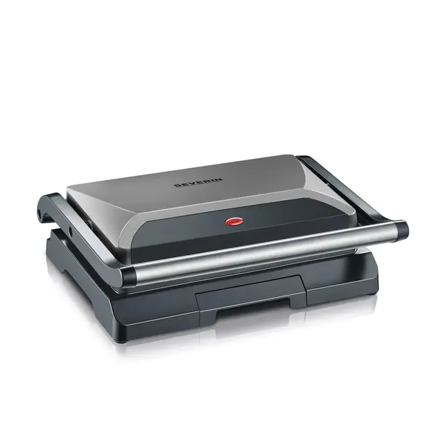 SEVERIN - Parrilla eléctrica y grill de contacto sobremesa, plancha sandwichera antiadherente, parrilla de mesa con bandeja recogegrasas para fácil limpieza, 22.5x27x8.5 cm, metalizado, 800 W, KG 2394