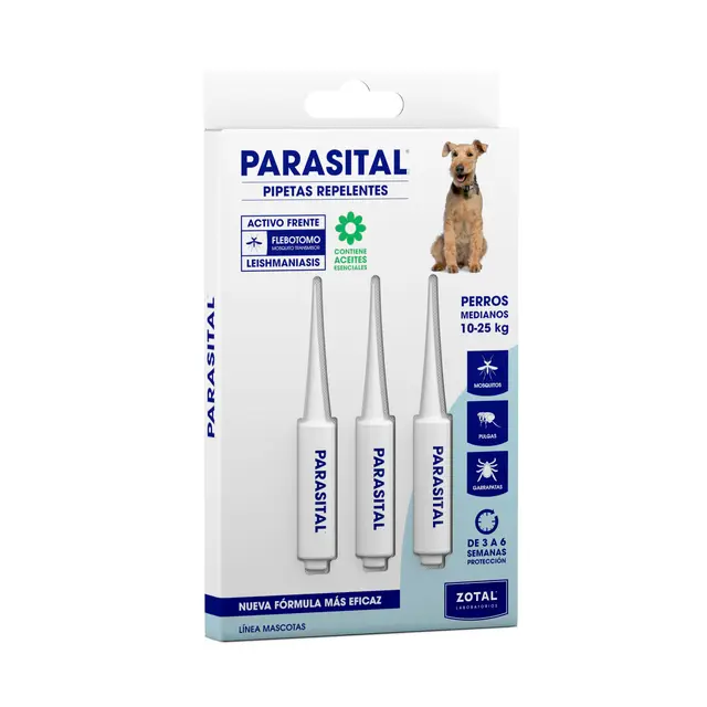 Zotal Parasital Pipetas Antiparasitarias para Perros Medianos (10-25 kg) 3 pipetas por Blíster - Protección contra Pulgas, Garrapatas y Mosquitos - Repelente Natural - hasta 6 Semanas - Pack 1 Blíster