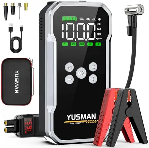 YUSMAN Arrancador de Baterias de Coche con Compresor de Aire, 12V 8000A Arrancador Coche Portatil con Inflador de 160 PSI (para 10L Gasolina o 8L Diesel), Linterna LED de Emergencia