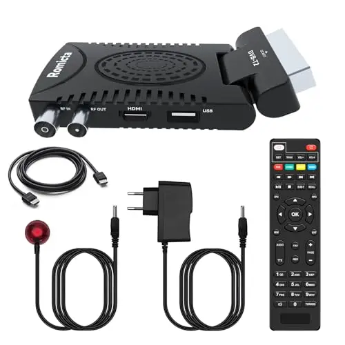Romicta Decodificador TDT HD 2025 - DVB-T2 H.265 HEVC FTA Full HD PVR, USB, HDMI, SCART, Sintonizador de TV Digital Terrestre, Receptor Digital de Alta definición Full HD 1080p, Control Remoto 2 en 1