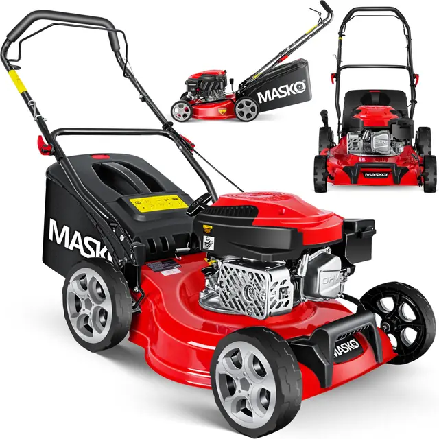 MASKO® Cortacésped de Gasolina, 5 en 1, accionamiento de Ruedas, función de Limpieza, función de mantillo, expulsión Lateral, Ancho de Corte 8 Veces, Ajuste de Altura de Corte, Motor de 4 Tiempos