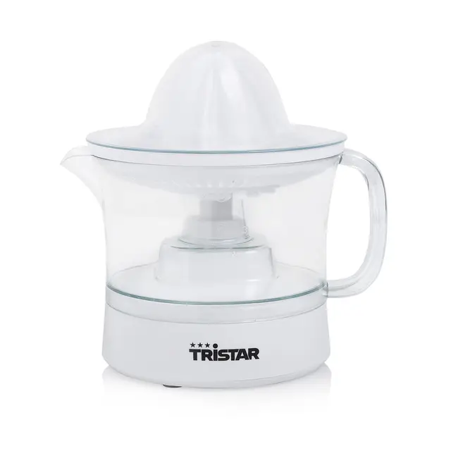 Tristar CP-3005 Exprimidor de cítricos · 25W · Capacidad de 0.5 L, 2 conos de diferente tamaño incluidos, Jarra extraíble, Tapa transparente antipolvo, libre de BPA, blanco