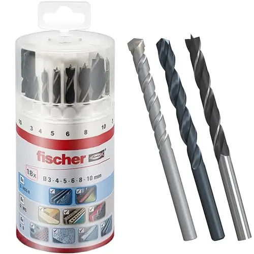 fischer - Kit de Brocas Profesionales para Taladro, 18 Piezas Versátiles para Pared, Madera, Metal, Juego Surtido con Diámetros de 3 a 10 mm, Durables, para Bricolaje y Profesionales