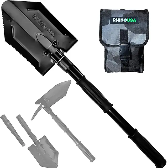Pala de Supervivencia Plegable Rhino USA con Pico-Pala de Camping Plegable de Acero Robusto para Playa, Camping, Jardinería y más- Herramienta Táctica para Mochileros para Tierra, Arena, Barro y Nieve