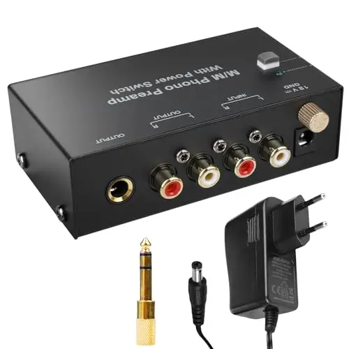 Preamplificador Phono para Tocadiscos MM – Previo Phono con Entrada y Salida RCA, Amplificador Estéreo con Control de Nivel, Interruptor Frontal, Negro