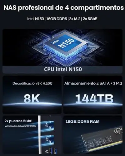 TERRAMASTER Almacenamiento NAS F4-425 Plus 4 Bahías CPU Intel N150 Quad-Core, 16GB RAM DDR5, 5GbE LAN x 2, Ranura M.2 x 3, Almacenamiento Conectado a Red para Trabajo en Equipo(Sin Discos)