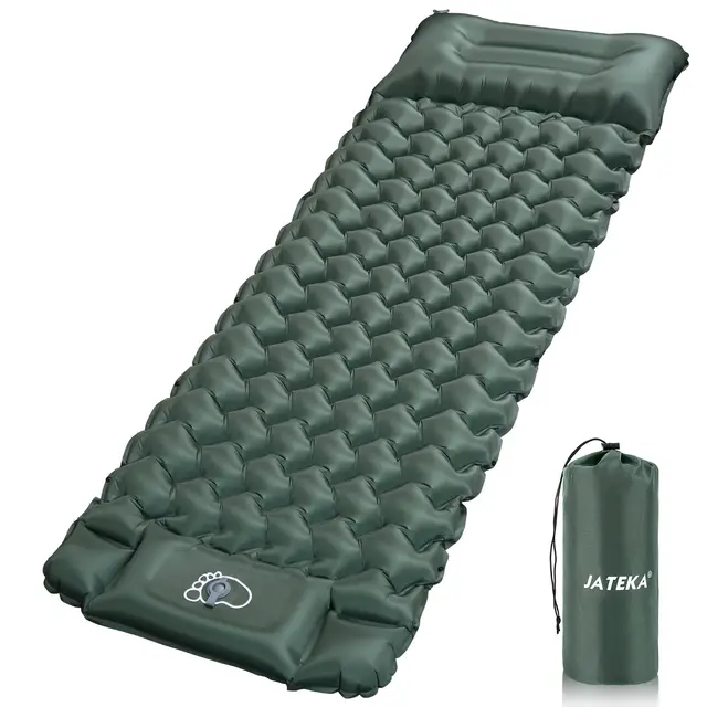 JATEKA Esterilla Camping Inflable, Colchoneta Camping Autoinflable Individual con Bomba de Pie, Esterilla Hinchable con Almohada, Colchón de Aire Ultraligero y Compacto para Camp Viaje Playa