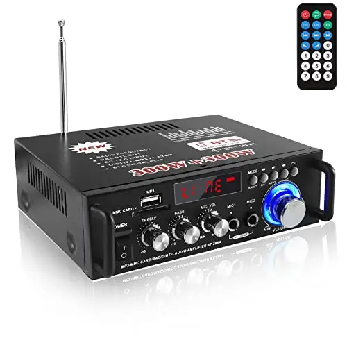Amplificador Audio HiFi 600W con Bluetooth 5.0, 12V 220V 2 Canales, Pantalla LCD, Alta Fidelidad, Radio FM Portátil, SD Card/USB Input, para Hogar o Coche