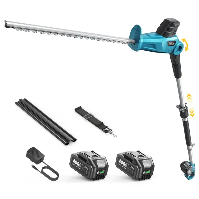 SEESII Cortasetos Batería, Cortasetos Eléctrico con Pértiga Telescópica 2,4 M, Cuchilla Doble Acción 50 Cm, 2×4000 mAh Baterías, Cabezal Giratorio Ajustable, para Setos Y Arbustos