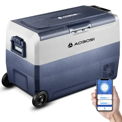 AAOBOSI 50l Nevera Portatil con Ruedas, Nevera Compresor Doble Zona con APP y Puerto USB, Nevera Camping 20 °C a -20 °C, 12/24V DC,100-240V AC, para Hogar, Camping, Viajes, Coche, Barco y Autocaravana