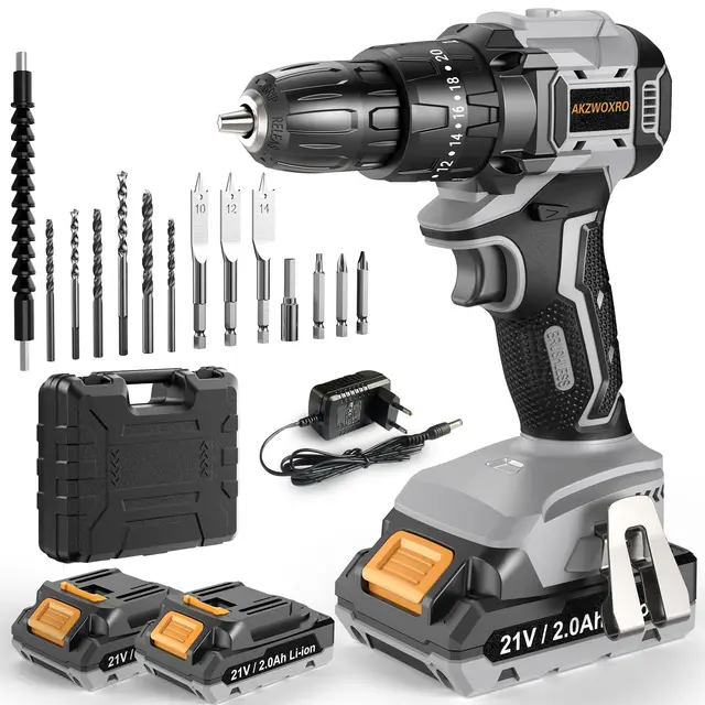 Taladro Percutor a Bateria 21V, Sin Escobillas Taladro Atornillador Bateria con 2x2.0Ah Baterías, Atornillador Electrico 45N.m, 20+3 Ajuste de Par, 14 Accesorios, 2 Velocidad, Gris