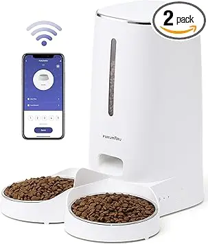 FUKUMARU Comedero Gato Automatico WiFi, 4L Dispensador Comida para Perro/Gato con Dos Cuencos, Programa Personalizado de Alimentación Automática, Funcionamiento por Pilas y cableado eléctrico, Blanco