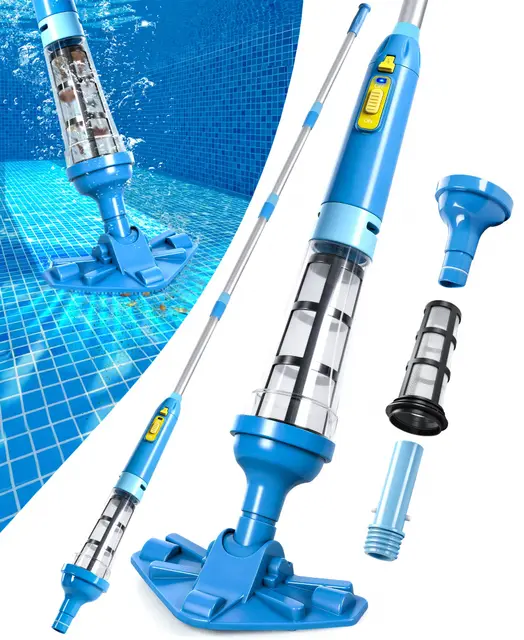 LanBlu Aspirador de Piscina con Pértiga Telescópica, 5200mAh Aspirador Piscina Bateria Tiempo de Funcionamiento hasta 90 Minutos, 60L/Min Potente Succión Aspiradora Piscinas Fondos para SPA Piscinas