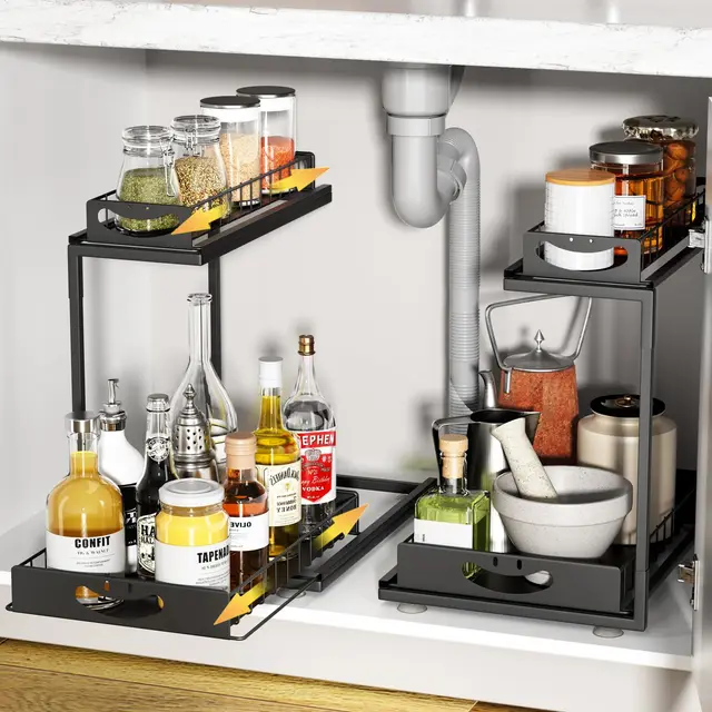 2 Paquete Organizador bajo Fregadero Metal, 2 Niveles Estantería bajo Fregadero, Estante Organizador Extensible, Almacenaje Cocina, Negro