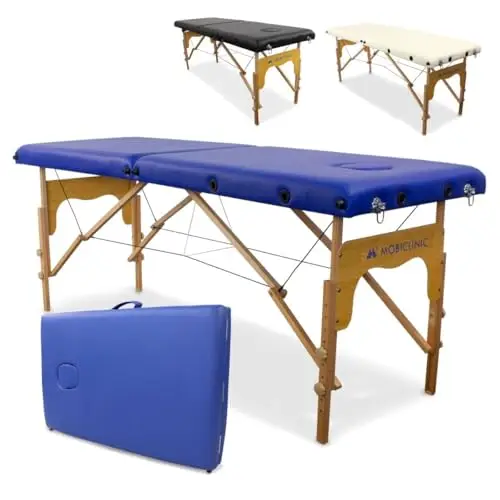 Mobiclinic®, Camilla de Masaje Plegable, CM-01 Basic, Mesa, Profesional, Portátil, Madera, 2 Cuerpos, Marca Española, Regulable, 180x60 cm (Azul)