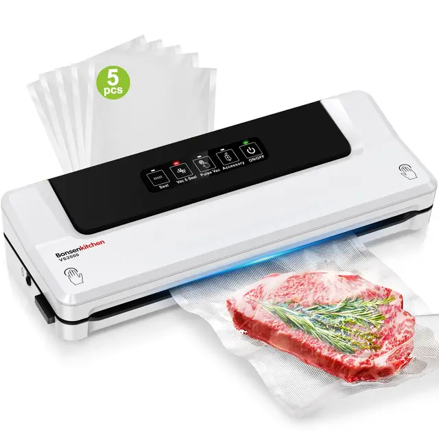 Bonsenkitchen Envasadora al Vacío 4 en 1 para Uso Doméstico y Comercial, Maquina al Vacio de Alimentos, Incluyendo 5 Bolsas (Blanco)