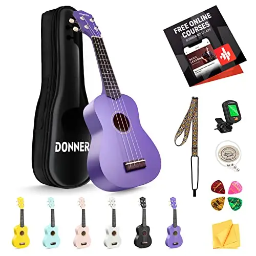 Donner Ukelele Soprano para Principiantes Adultos Niño Ukelele con Bolsa Correa Sintonizador de Cuerda paño de Recogida, DMU-01 21 Pulgadas mate Ukalalee Bundle Kit Macaron Series-Morado