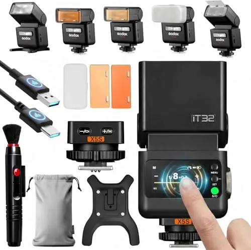 Godox iT32 TTL Flash con Disparador X5S para cámaras Sony, 2.4GHz HSS 1/8000s Flash inalámbrico TTL, con Pantalla táctil, luz LED, batería integrada y Control Remoto Compatible con Sistema Godox X