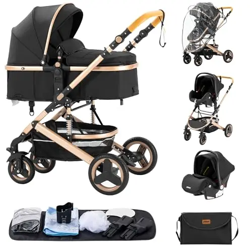 Cochecito para bebé 3 en 1 - Sistema de viaje versátil, para uso desde el nacimiento hasta los 3 años - Combinación de cochecito, cuna - Incluye bolsos de mamá, tapa