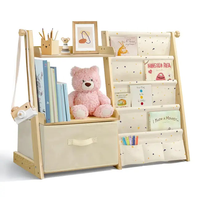 Estanteria Libros Infantil, Libreria Estanteria Montessori Infantil, Estantería de Juguetes con 4 Estanterías, 2 estantes de exposición y 1 Caja de Almacenamiento - Terrazo