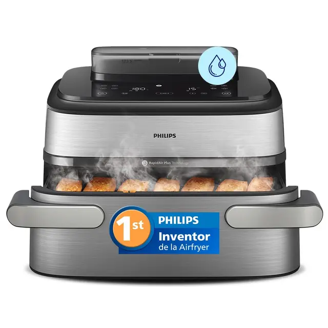 Philips Airfryer Serie 5000 Megabasket con SteamFry: vapor y freidora de aire, 28 modos de cocinado, 9,5L o cesta doble 3L+6L, Tecnología RapidAir Plus, Auto SteamClean (NA565/00)