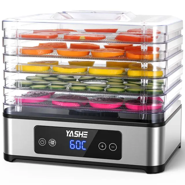 YASHE Deshidratador de Alimentos, 5 Bandejas de Acero Inoxidable, Temporizador y Temperatura Ajustables, Flujo de Aire 360°, Sin BPA, Deshidratadora 400W para Carne Seca, Frutas, Hierbas, Snacks