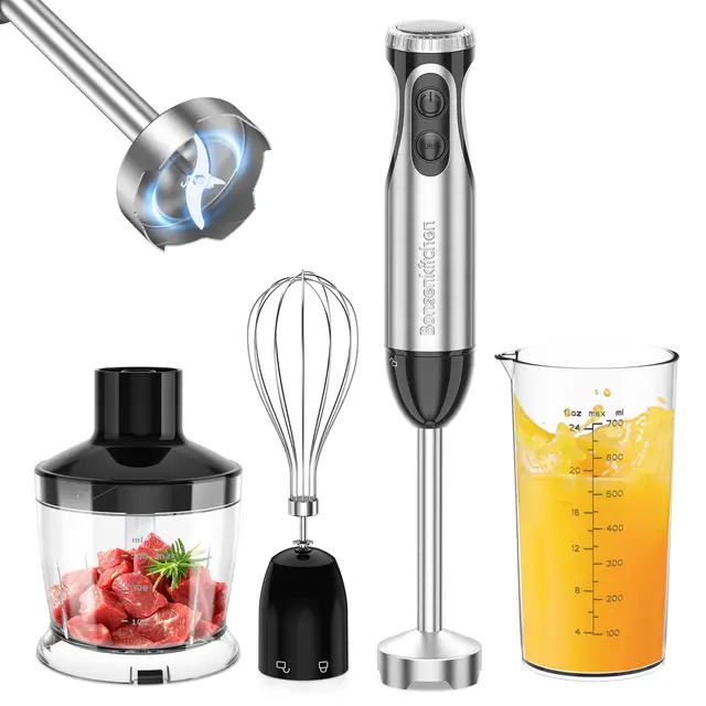 Bonsenkitchen batidora de mano multifunción 4 en 1 1000 W, 20 velocidades ajustables, con batidor, picadora de 500 ml y vaso medidor de 700 ml, procesador de alimentos