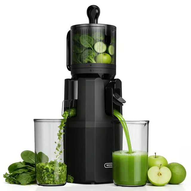 WETIE Extractor de Zumos y Verduras, Licuadora de Prensa en Frío con Boca Extra Grande 120mm, 99% Rendimiento, Slow Juicer Silencioso, Fácil de Limpiar, Incluye 2 Vasos