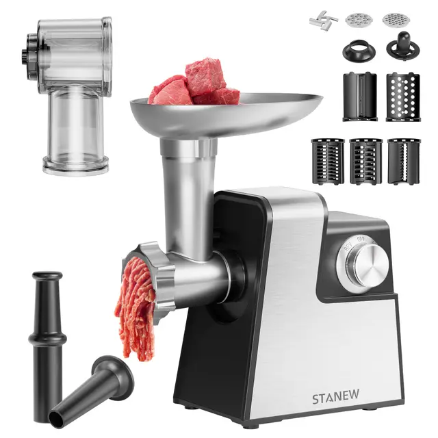 Picadora Eléctrica STANEW 2500W con 5 Cuchillas, Accesorios para Chorizo y Galletas - Trituradora para Carne Casera y Verduras Frescas