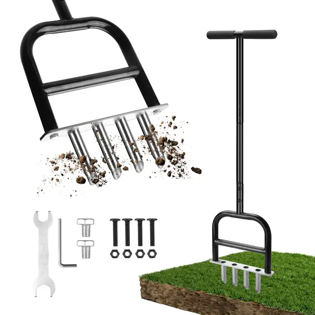 Aireador de césped manual de acero inoxidable – núcleo de césped escarificador de 4 dientes, aireador de césped, para jardín, campo deportivo y espacios verdes