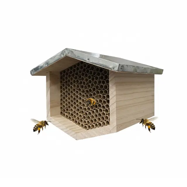 Relaxdays Hotel de Madera para Abejas con Techo metálico y Tubos de cartón, jardín, Colgante, Natural/Plateado 17x21.5x2