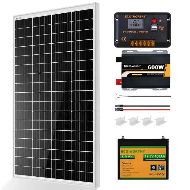 ECO-WORTHY Lifepo4 100AH bluetooth sistema completo fuera de la red con kit 170W: placa solar 170W, bateria lifepo4 100AH bluetooth, PWM 30A, inversor onda pura 600W para autocaravanas, barcos