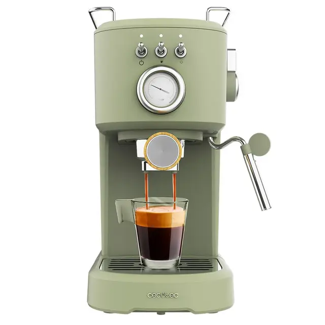 Cecotec Cafetera Espresso Compacta Power Espresso 20 Retro Green. 1100 W, 20 Bares, Vaporizador Orientable, Brazo Portafiltros con Doble salida y 2 Filtros, 1,25 Litros