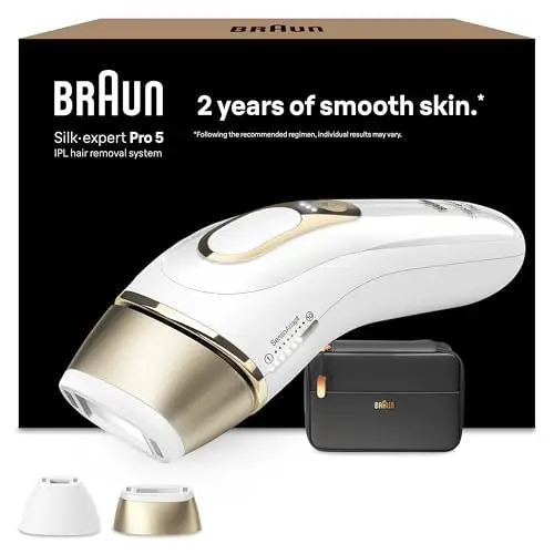 Braun Depiladora Luz Pulsada Silk-expert Pro 5, PL5140, Blanca/Dorada - Alternativa a Depiladora Laser, IPL Con Funda y 2 Cabezales Para Cara y Cuerpo, Eliminación Del Vello En Casa