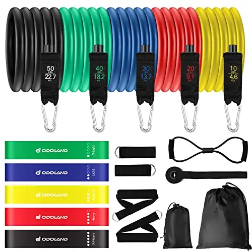 Odoland Set Bandas Elasticas de Fitness con 5 Bandas Elásticas de Resistencia, Loop Band, Asas, Correas de Tobillo, Anclaje para Puerta y Guía, Kit de Entrenamiento para Fitness Yoga Pilates