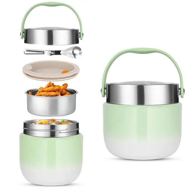 Recipiente térmico para alimentos, 1200 ml, cuenco térmico con tapa, Termo para Comida de acero inoxidable con cuchara plegable, Adecuado para almacenar harina, sopa, almuerzo, queso (Verde)