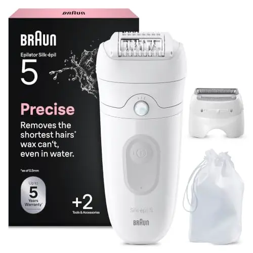 Braun Silk-épil 5, Depiladora Eléctrica Mujer para Una Eliminación del Vello Fácil, Depilación en Seco Y en Mojado, con Cabezal de Rasuradora, Piel Suave Duradera, 5-041, Blanco/Gris