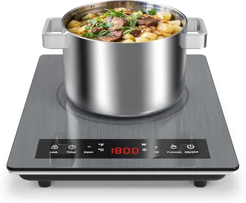 VBGK Placa de Inducción Portátil, 1800W Vitro Portatil, 10 Niveles de Calentamiento, Potencia y Temperatura Regulable, Temporizador, Bloqueo para Niños, Controles Táctiles, Fácil Limpieza