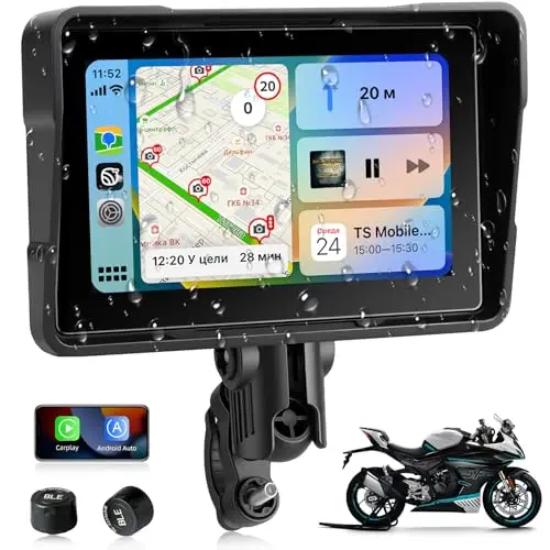 Jansite Pantalla Carplay Moto Android Auto con TPMS, 5 Pulgadas Navegador Moto Pantalla Táctil Impermeable IP67 CarPlay y Android Auto Inalámbricos, Navegación GPS, Siri Goo-gle